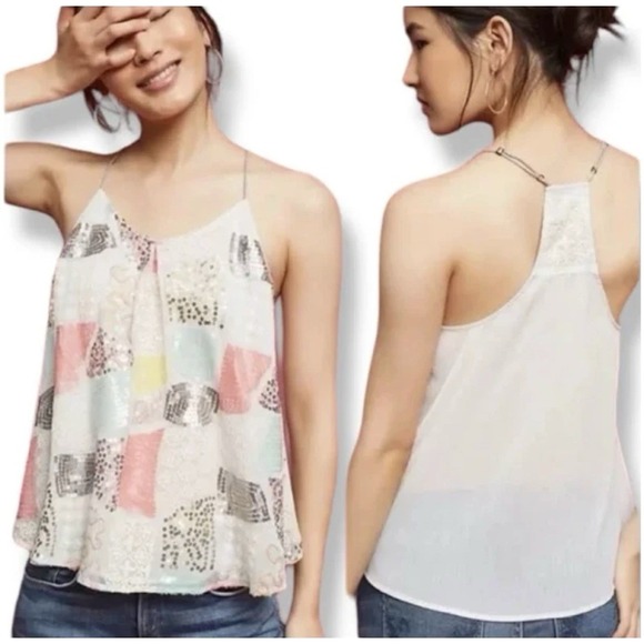 Floreat Anthropologie Louisa Tank Blouse Womens Size XS Boho Sequin Flowy Hippie - Picture 3 of 11